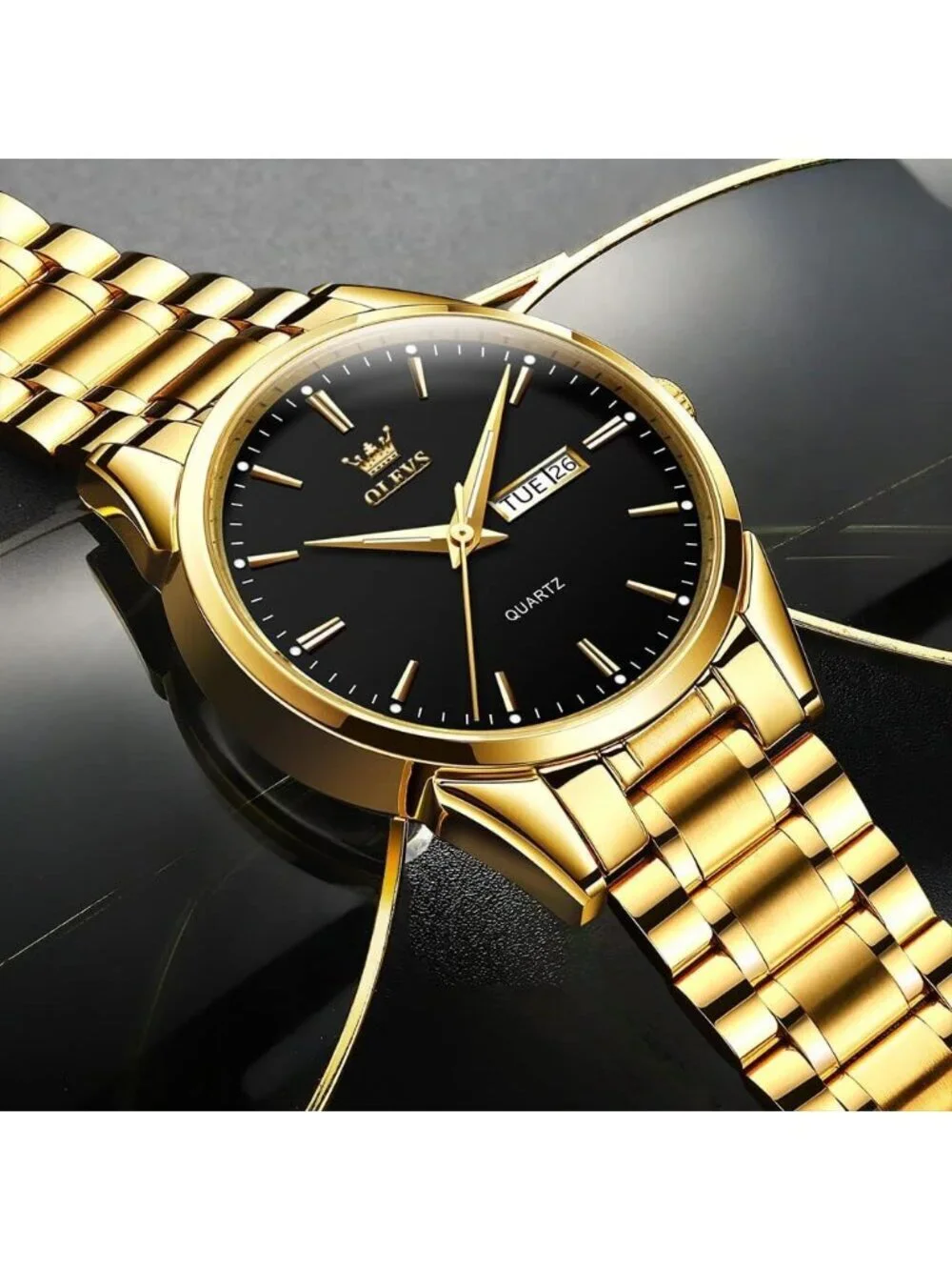 Men's Gold Black Stainless Steel Analog Quartz Classic Waterproof Round Watch